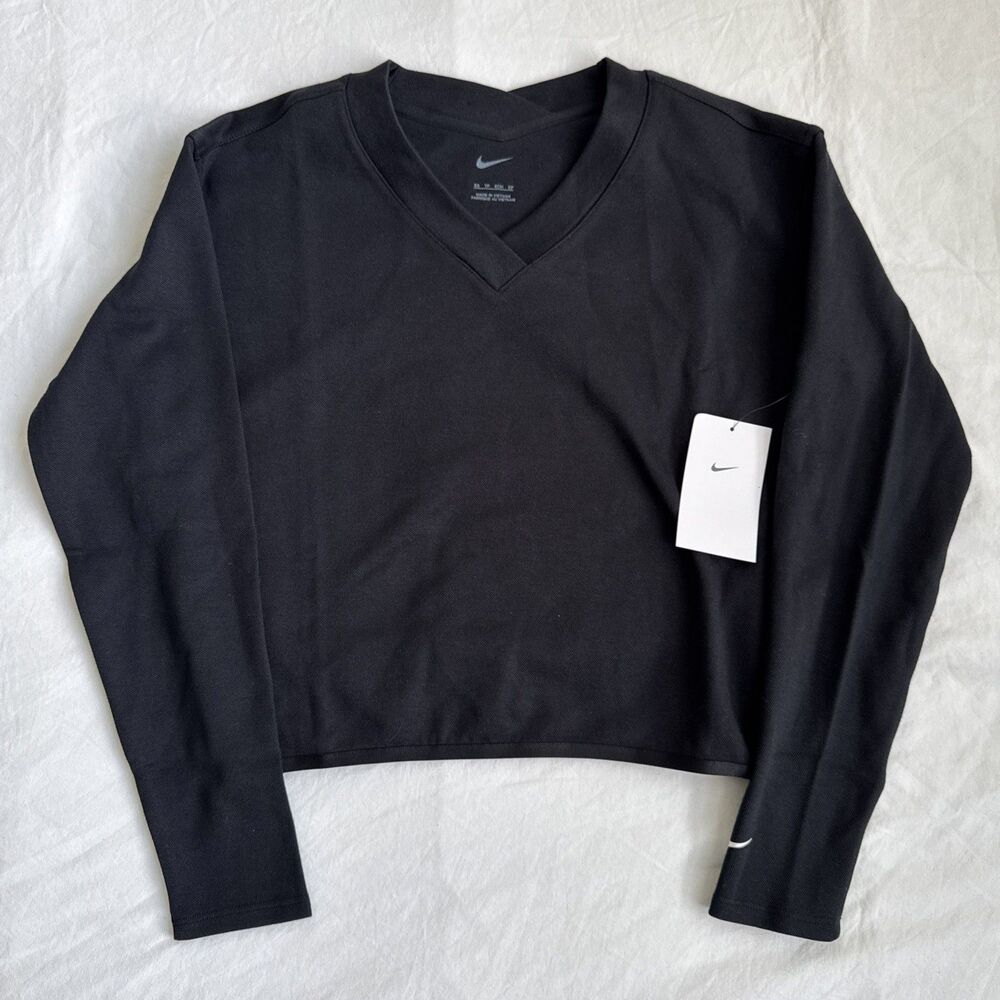 Nike Golf Womens XS V Neck Long Sleeve Crop Top Black IH1945-010 NWT